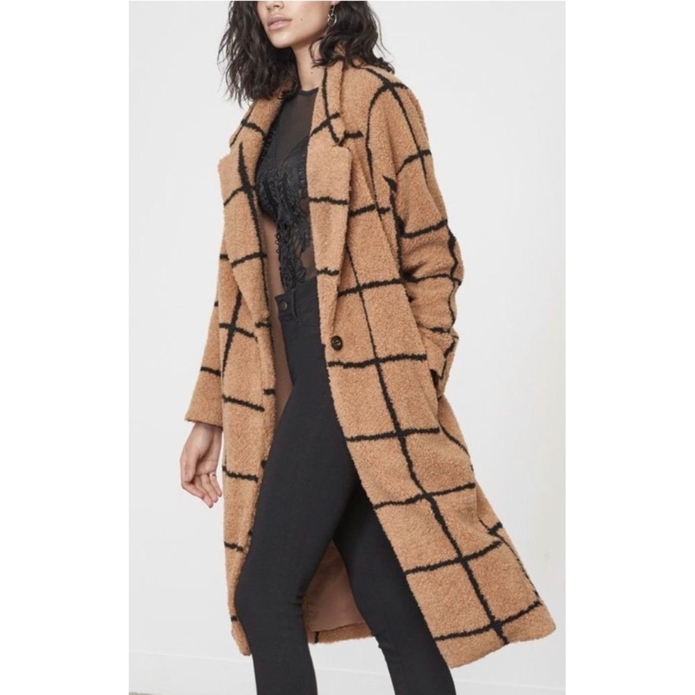 Lavish‎ Alice Camel Oversized Check Boyfriend Windowpane Teddy Coat US 8 UK 12